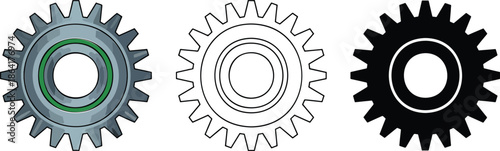 Gear silhouette & Outline and illustration set isolated on transparent background