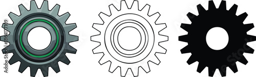 Gear silhouette & Outline and illustration set isolated on transparent background