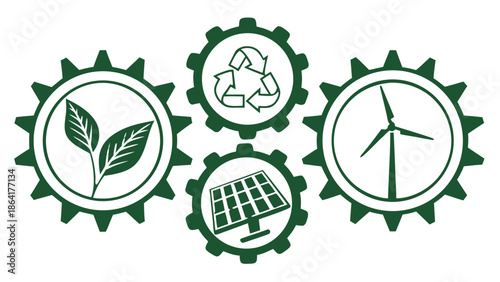 eco friendly green energy icons, leaf, recycle, solar panel, wind turbine, minimal flat svg vector, clean sustainable design, transparent background