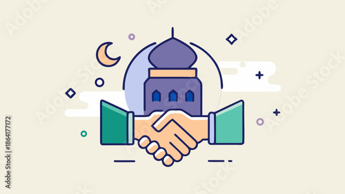 Minimalist icon of two hands shaking, representing peace and Eid greetings (Eid Mubarak