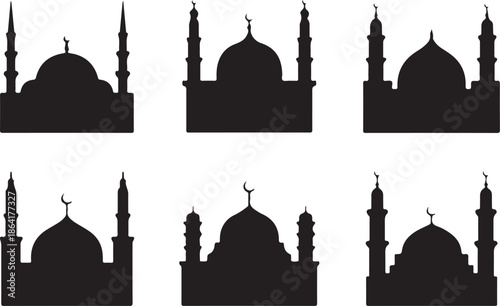 Silhouette collection of islamic mosques with varied dome and minaret designs