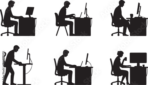 Office people silhouettes working at desks, cad drawing flat vector illustration, computer users sitting, standing, meeting, working remotely, digitally connected