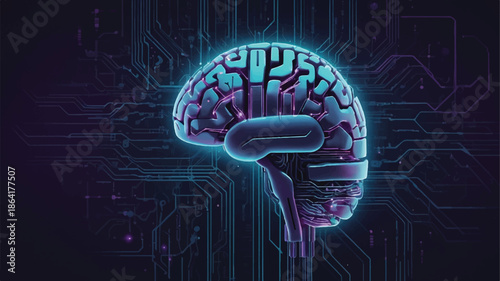 Artificial Intelligence Concept Illustration with Human Brain and Digital Circuit