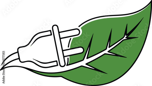 Green energy concept icon with electric plug and leaf line art illustration for eco-friendly technology.