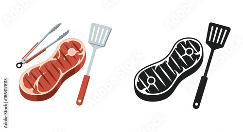 Grilling tools and steak a colorful and monochrome illustrative depiction