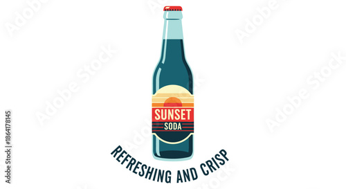 Vintage sunset soda bottle illustration with refreshing and crisp tagline