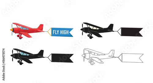Vintage biplanes and aviation designs in color silhouette and outline styles