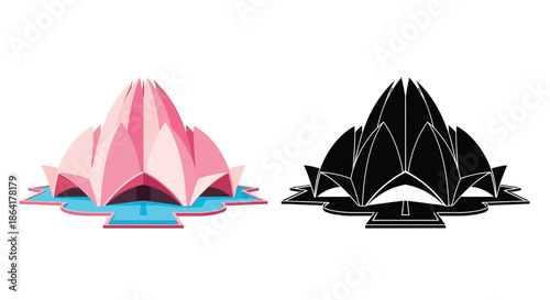 Lotus temple design a color and monochrome illustration comparison