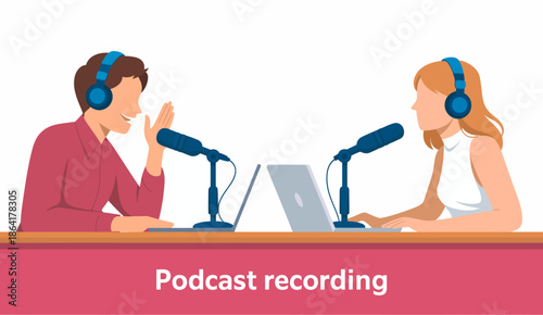 A lively scene capturing a podcast recording session featuring two individuals engaged in a conversation, showcasing professionalism and creativity in media production.