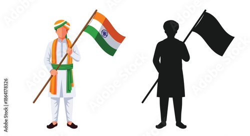 Indian man in traditional clothing proudly waving the indian flag with a silhouette
