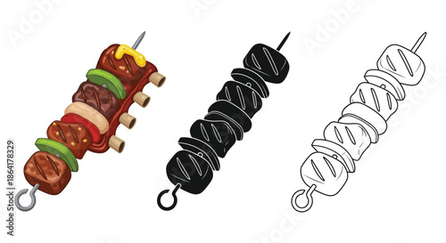Colorful and monochrome illustrations of a meat and vegetable kebab skewer