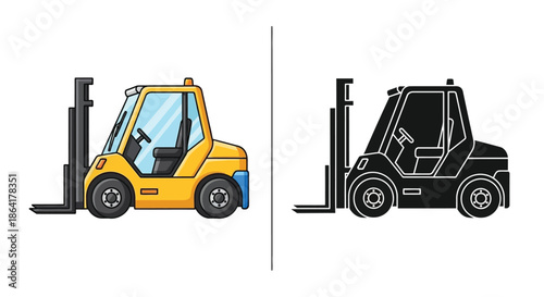 Forklift truck illustration in color and monochrome line drawing styles