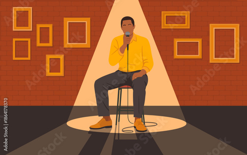 A comedian sitting on a stool under a spotlight, microphone in hand, capturing the essence of live entertainment, humor, and the dynamics of performance art.