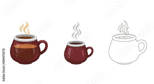 Three stages of coffee cup illustration color shade and line art