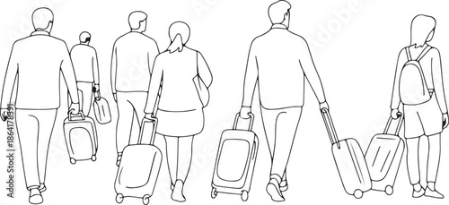 People walking with luggage continuous one line vector drawing. Tourists in airport hand drawn characters. Female and male silhouettes with baggage, handbags