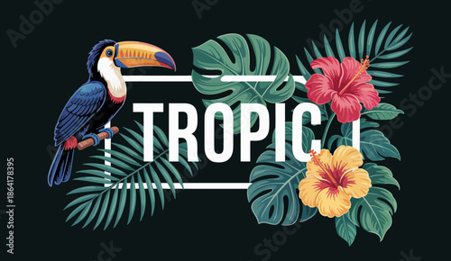 A vibrant tropical design featuring a toucan, colorful flowers, and lush greenery, emphasizing the beauty and richness of tropical environments and exotic wildlife.