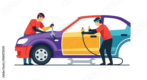 Two mechanics working on a car with a partially painted exterior