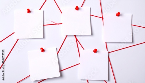 Five blank notes pinned with red strings on white surface, forming a visual network.