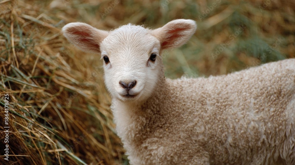 Naklejka premium Close-up of a young lamb standing in a field of hay. the lamb is facing the camera and is looking directly at the camera with a curious expression.