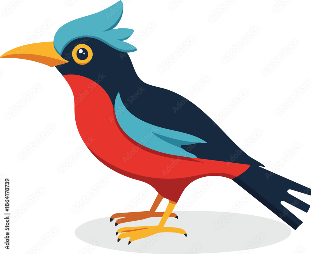 Obraz premium A cartoon illustration of a colorful bird with a black body, red belly, and blue crest, standing on a white background.