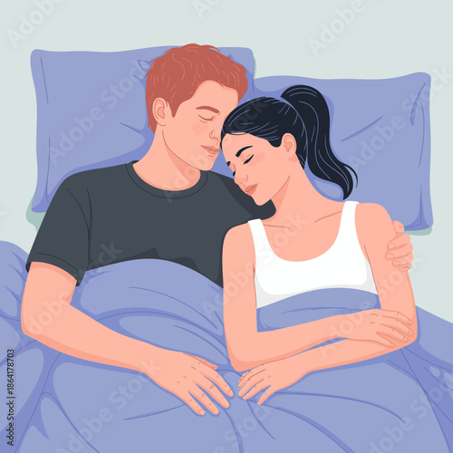 This heartwarming image depicts a couple peacefully sleeping together in bed, portraying intimacy, affection, and the warmth of close relationships.