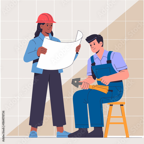A scene depicting two construction workers collaborating on plans, showcasing teamwork and professionalism in the building industry, emphasizing the importance of communication.