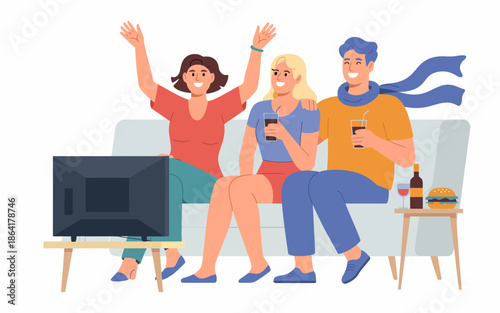 Three enthusiastic friends cheering in front of a TV with snacks and drinks, embodying the joy of shared moments and the excitement of entertainment experiences together.