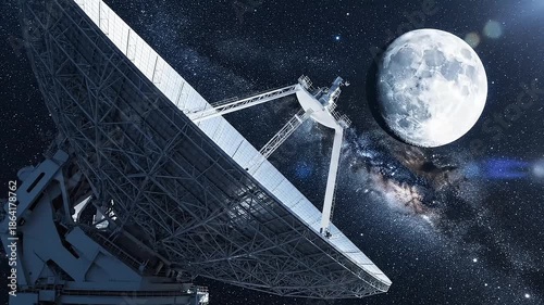 Large satellite dish rotating against a cinematic night sky with a full moon and the Milky Way galaxy