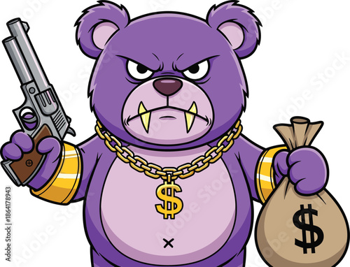 Angry purple bear gangster mascot with gun and money bag, criminal robber cartoon character, vector illustration.