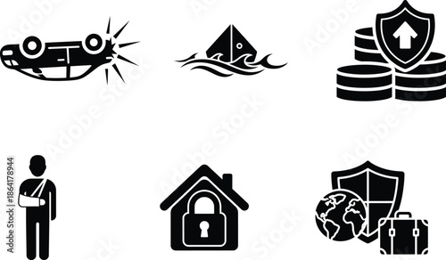 black and white icons of various objects and symbols on white background