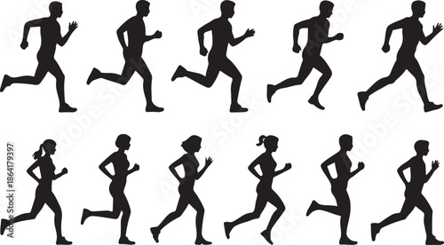 Run. Running men and women, vector set of isolated silhouettes