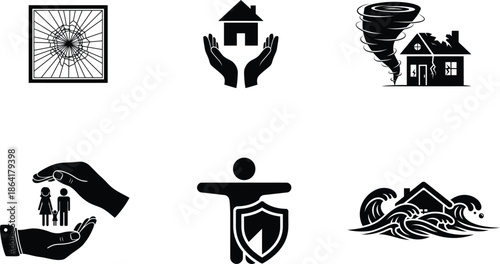 set of icons representing natural disaster protection and safety measures