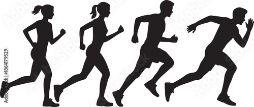 Running man and woman silhouettes set. Male and female runners figure shapes. Bare and naked slim healthy people work out