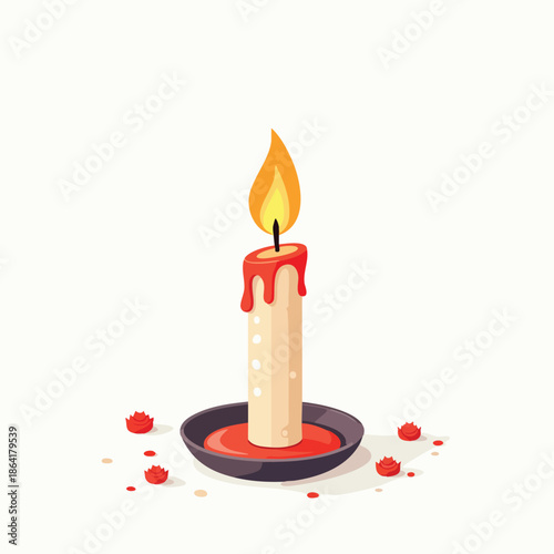 A burning white candle with red melted wax in a dark saucer and scattered droplets on a white background.
