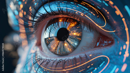 AI-Generated Futuristic Eye Close-Up with Digital Interface Overlay, Conceptual Illustration of Artificial Intelligence, Biometrics, Cyber Technology, Vision, and Advanced Human Machine Interaction