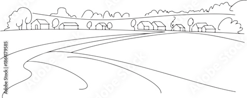 Rural landscape continuous one line vector drawing. Lake house in the woods hand drawn silhouette. Country nature panoramic sketch. Village minimalistic contour illustration