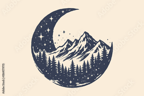 Crescent Moon Mountain Landscape Emblem Ink Sketch Vector Illustration