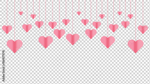 Hanging pink heart. Hearts garland. Paper hearts. Creative love composition of the hearts. Happy Valentine's Day. Vector illustration.