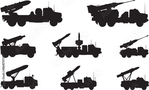 Self-Propelled Missile Artillery and Radar Silhouettes Vector, Mobile Defense Systems and Launch Vehicles for Security and Threat Graphics