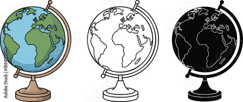 Globe silhouette & Outline and illustration set isolated on transparent background