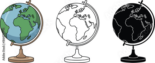 Globe silhouette & Outline and illustration set isolated on transparent background