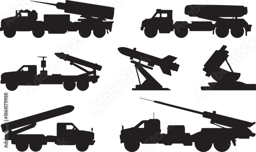Self-Propelled Missile Artillery and Radar Silhouettes Vector, Mobile Defense Systems and Launch Vehicles for Security and Threat Graphics