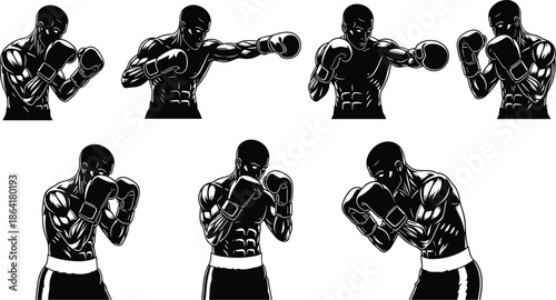 Boxing fighter silhouette set with gloves and punching poses, athletic man training for combat sports, muscular boxer exercising, fitness motivation,