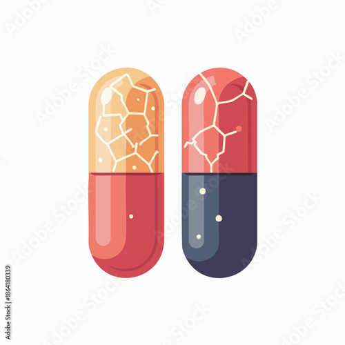Two capsules, one orange and red, the other red and dark blue, both with cracked patterns, symbolizing health issues or treatment.