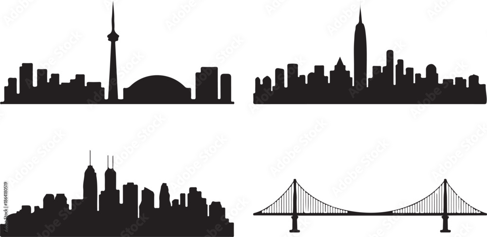 Φωτογραφία Set of four famous international city skylines silhouettes featuring major landm