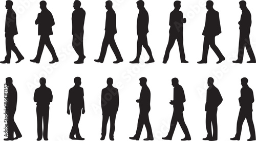Silhouettes of a man walking and standing in casual posture, side view and front view poses, isolated black shadow figure collection