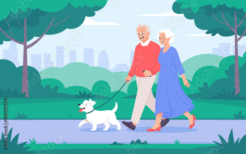 This heartwarming image captures a joyful elderly couple walking their dog in a lush green park, radiating happiness and companionship amidst nature's beauty.