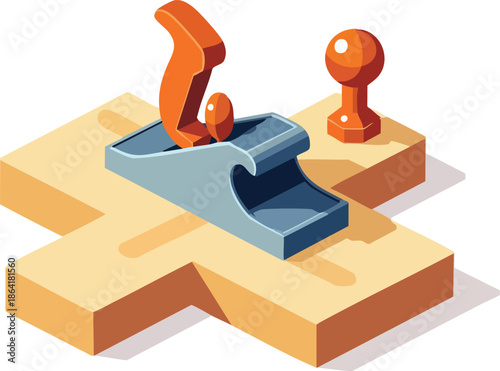 Isometric illustration of a woodworking hand plane on a light brown wooden surface, with an orange handle and a separate small orange knob.