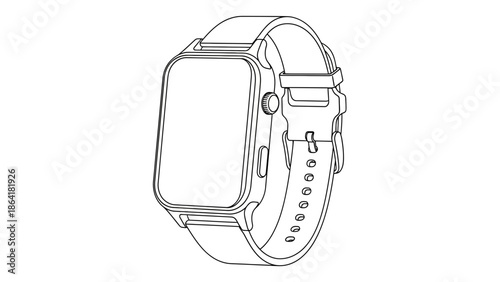 Simple line drawing of a smartwatch with a square face and adjustable strap.