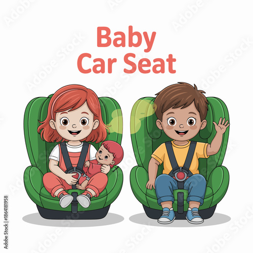 Two cheerful kids secured in baby car seats, one holding a doll, showcasing safety and joy in travel with children, embodying a caring and family-friendly environment.